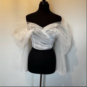 NWT designer ALLURE ivory tulle gown topper with detach blouson sleeves